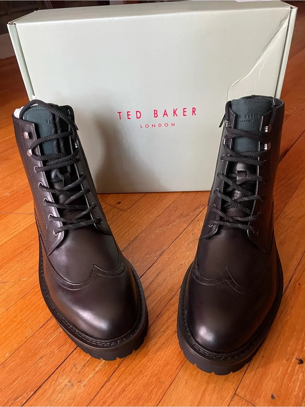 Ted Baker Black Leather Lace-Up Boots with Green Tongue Accents